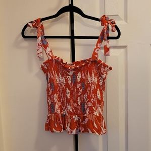 NWT Cynthia Rowley Red Floral Smoked Top Tie Sleeve Size S